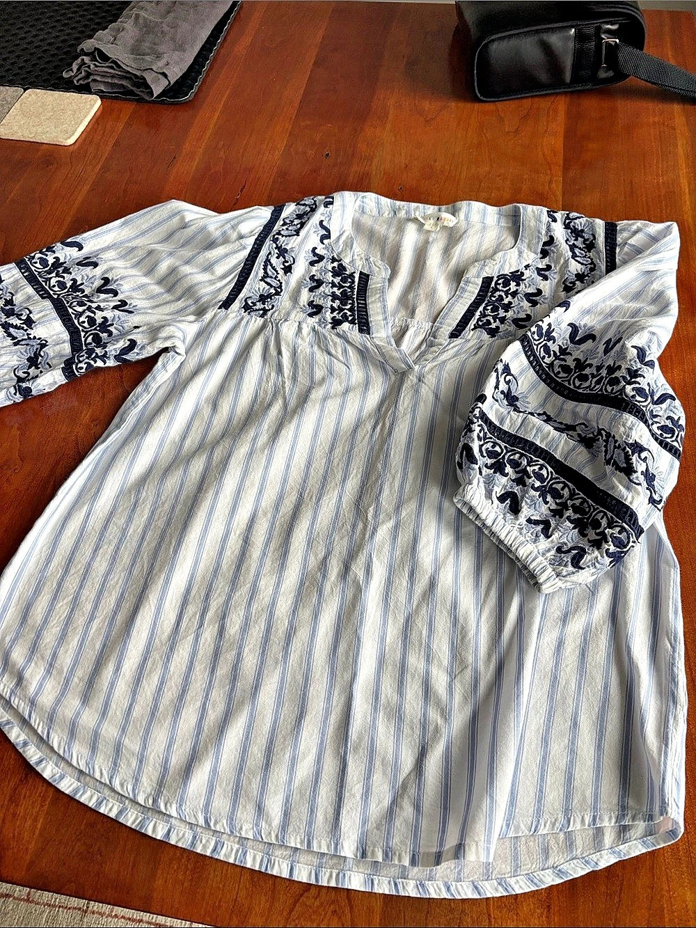 ROLLER RABBIT Striped Embroidered Blouse in Blue & White